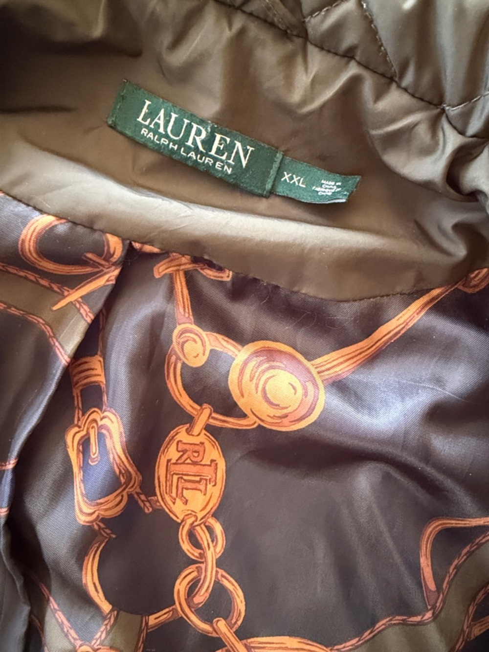 Ralph Lauren Quilted Puffer Coat in Dark Green with Brown Trim - Picture 3 of 5